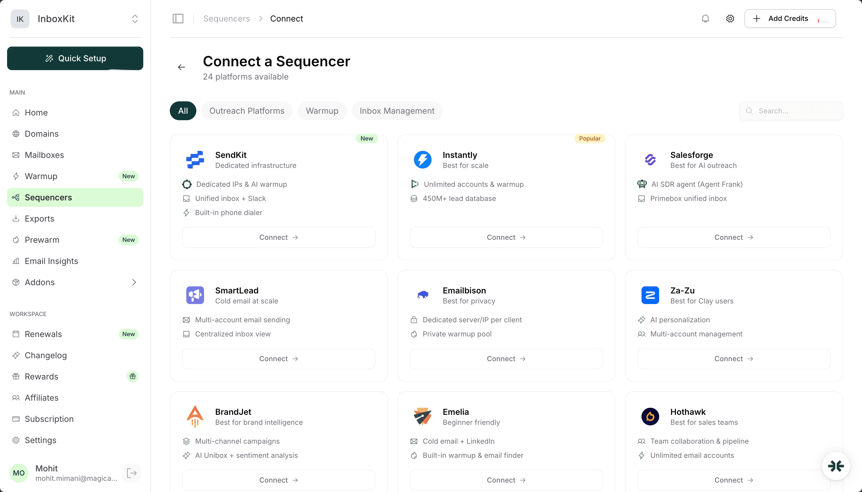 InboxKit 24+ sequencer integrations